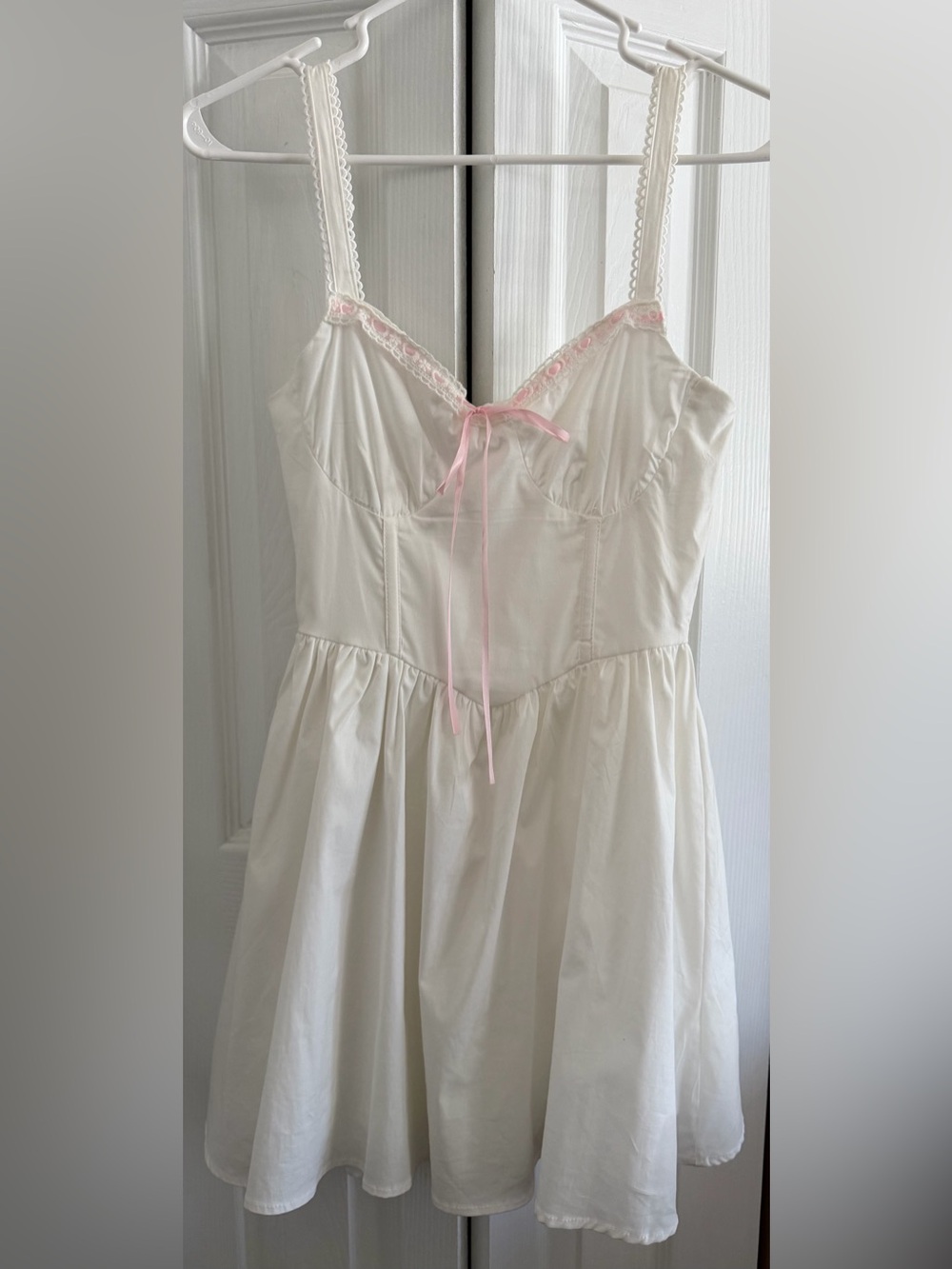 Altar'd State White Mini Dress with Pink Ribbon and Scalloped Trim XXS